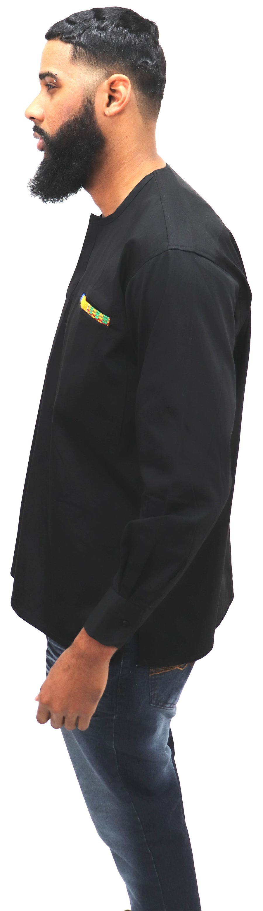 Long Sleeved Polo Style Shirt w/ Woven Kente
