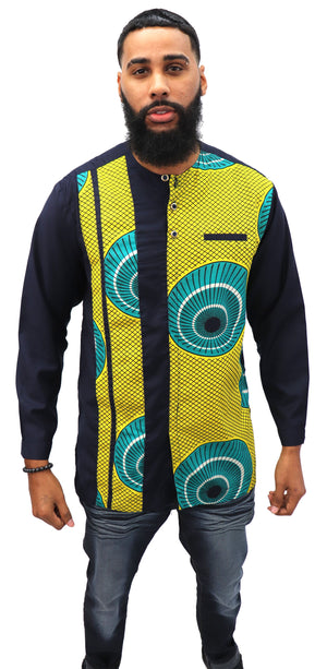 Long Sleeved Polo Style Shirt w/ African Print - 005
