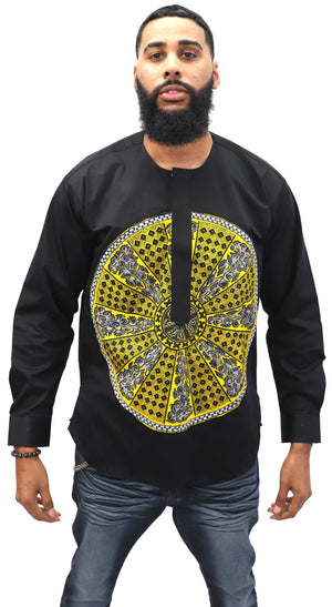 Long Sleeved Polo Style Shirt w/ African Print - 001