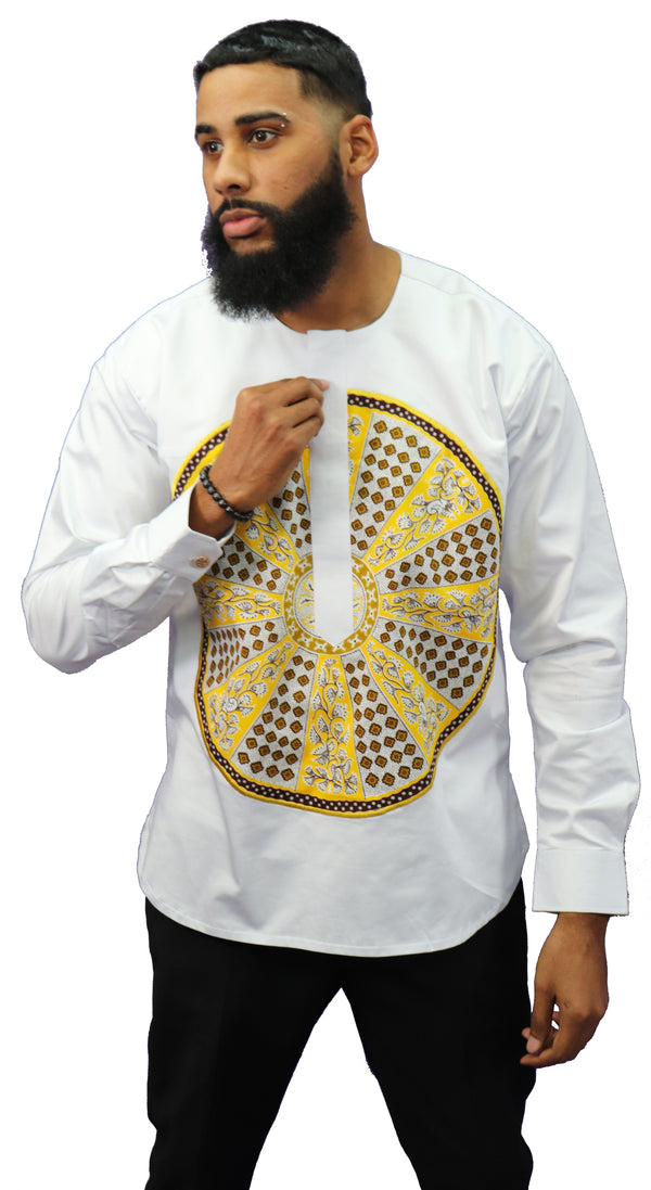 Long Sleeved Polo Style Shirt w/ African Print - 02