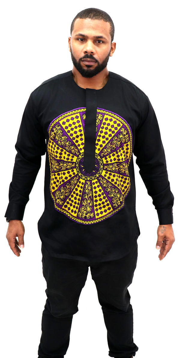 Long Sleeved Polo Style Shirt w/ African Print 005