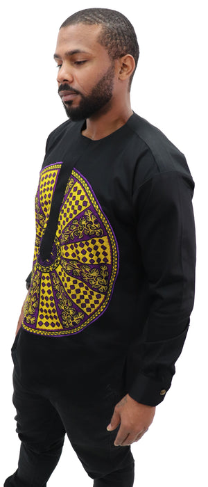 Long Sleeved Polo Style Shirt w/ African Print 005